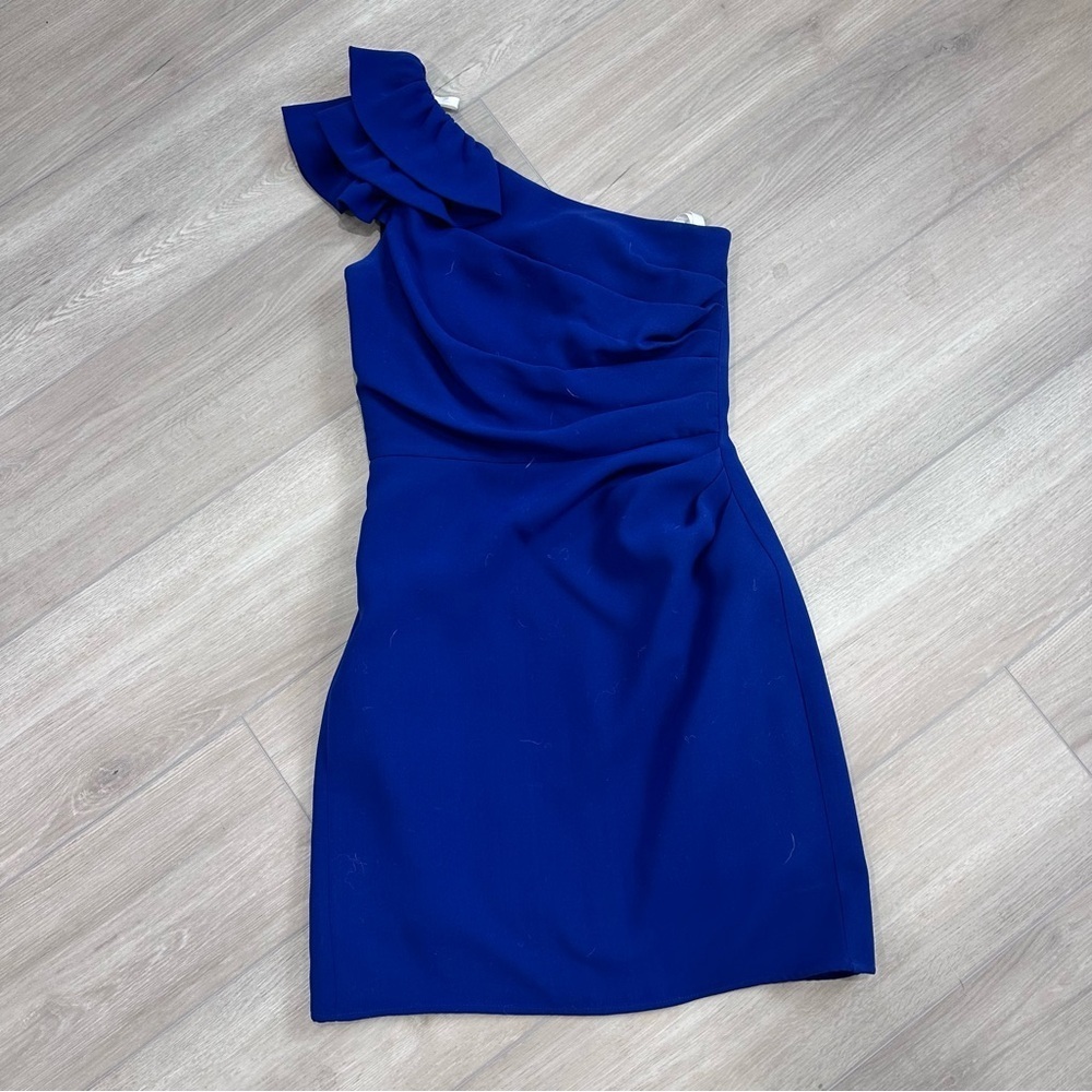 Shoshanna Stacie one shoulder ruffle cinched dress blue size 2 - Picture 2 of 9